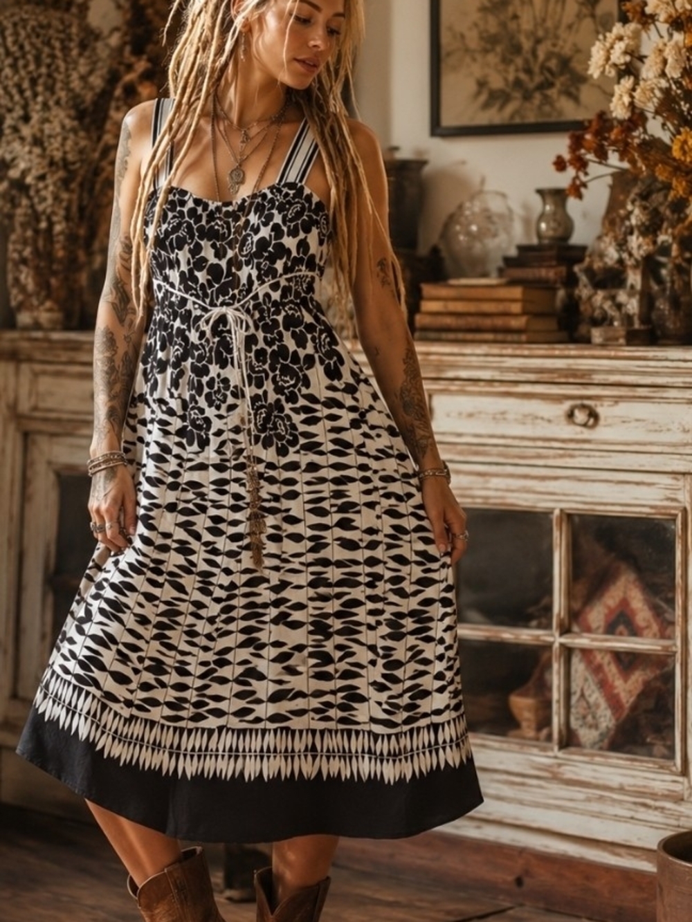 Natural Fibers 100% Cotton Y2k Boho Black & White Printed Midi Dress